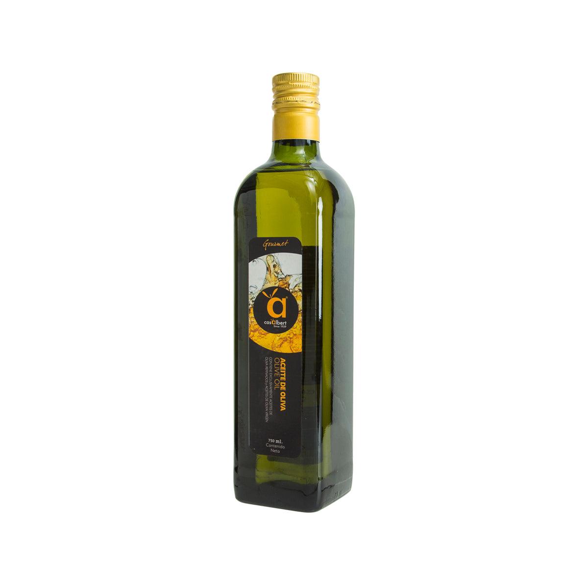 CASA ALBERT olive oil bottle with gold cap, angled front view (750 mL)