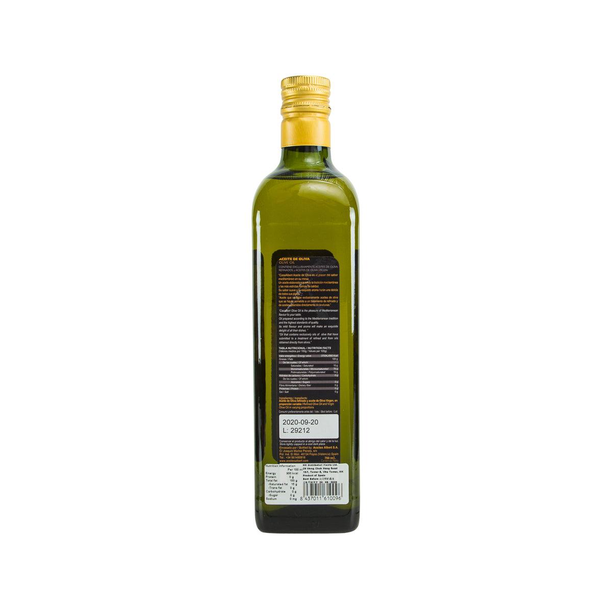 CASA ALBERT olive oil bottle with gold cap, back label text (750 mL)