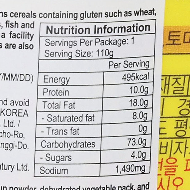 Nutrition Information label for OTTOGI Jin Ramen bowl, 110g serving size