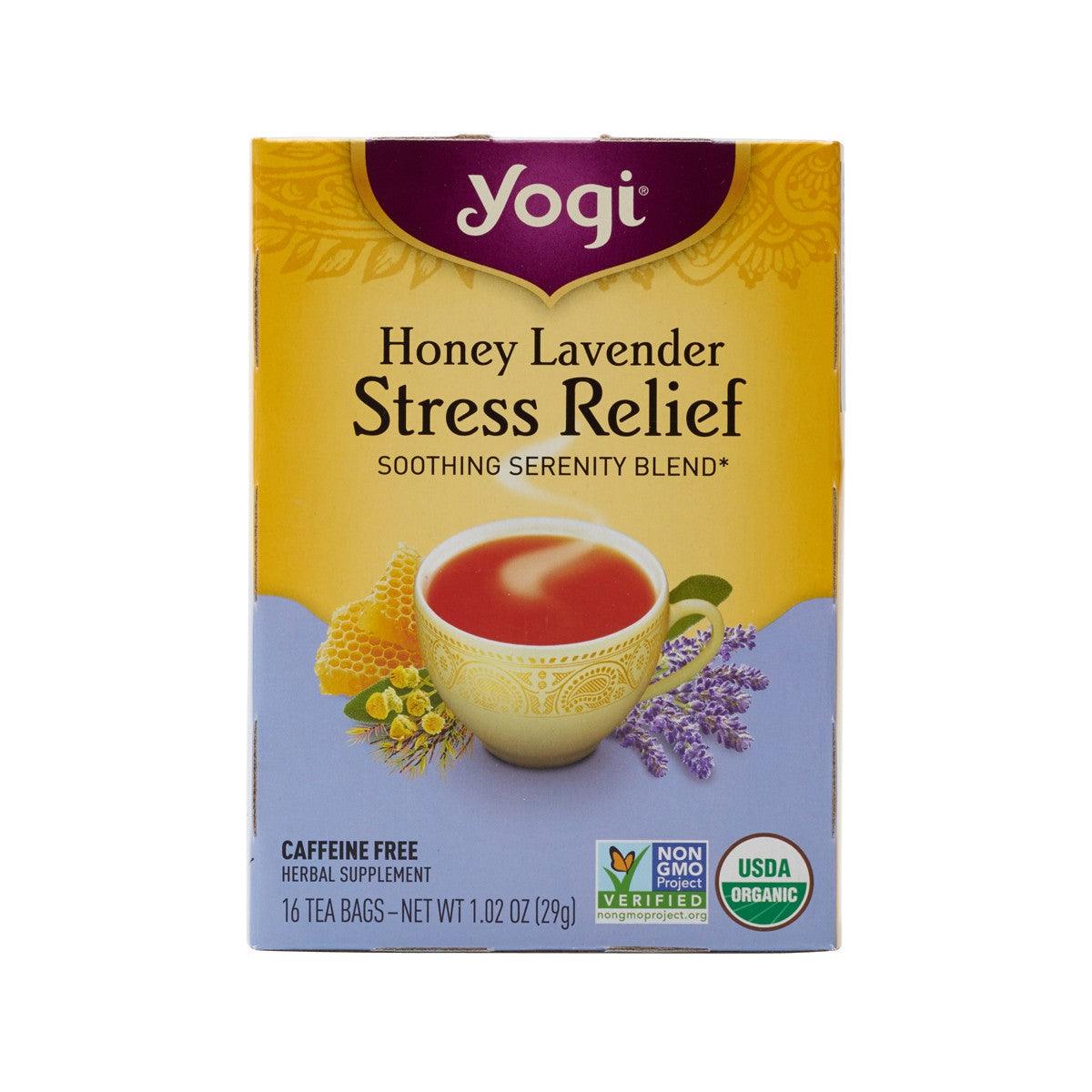 Yogi Honey Lavender Stress Relief tea bag box, front view, caffeine-free herbal blend