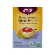Yogi Honey Lavender Stress Relief tea bag box, front view, caffeine-free herbal blend