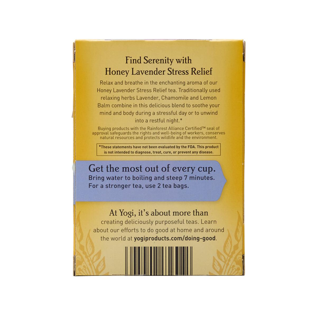 Yogi Honey Lavender Stress Relief tea bag box, back with brewing directions and barcode