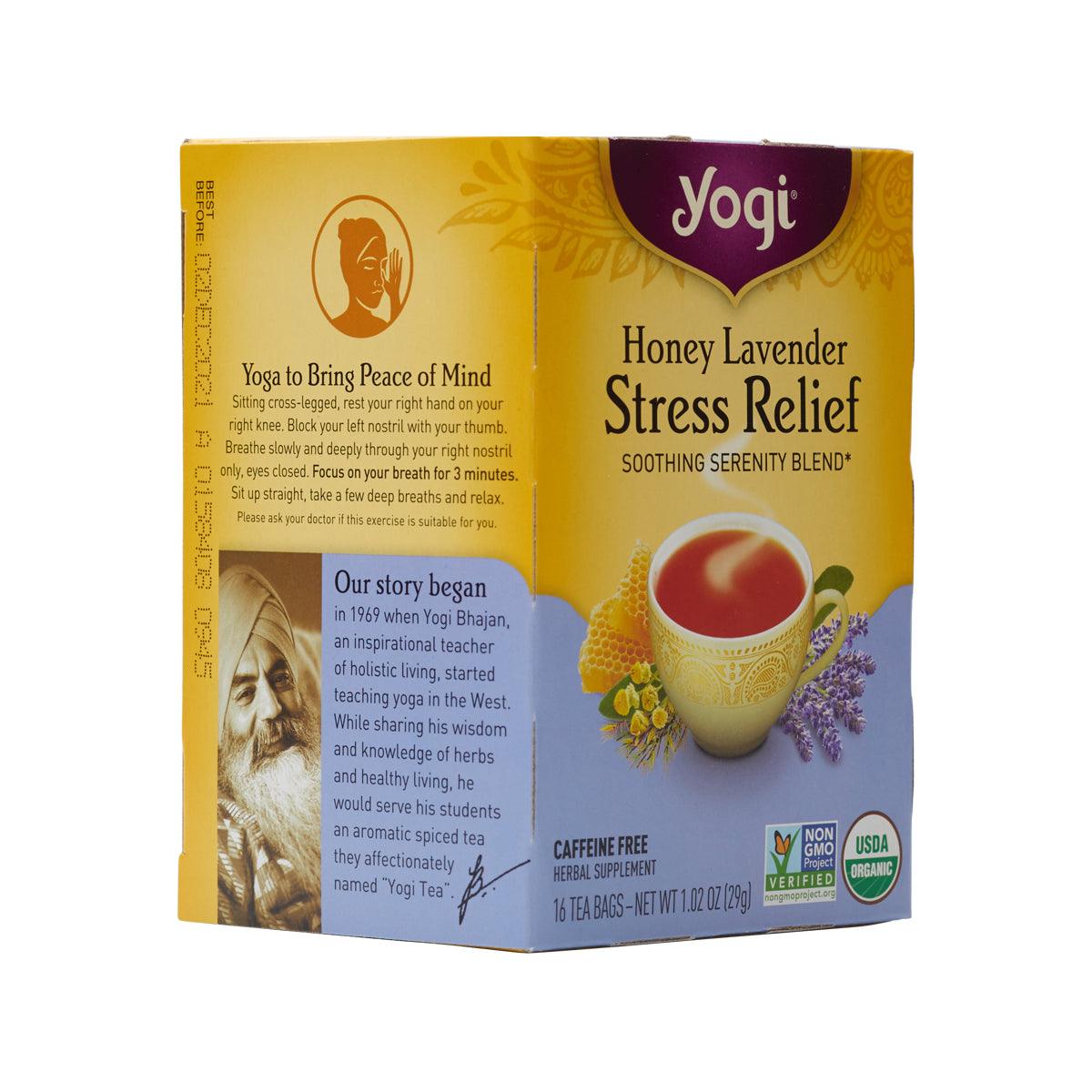 Yogi Honey Lavender Stress Relief tea bag box, side panel with cup and lavender accents