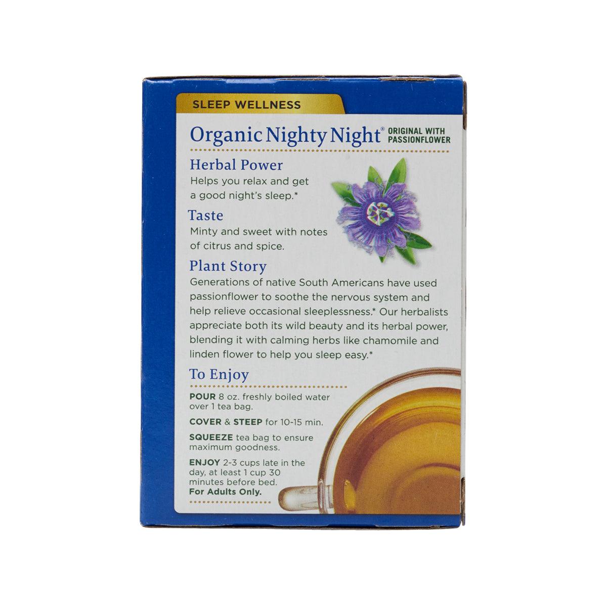 Organic herbal tea bag box side with taste notes and steeping instructions