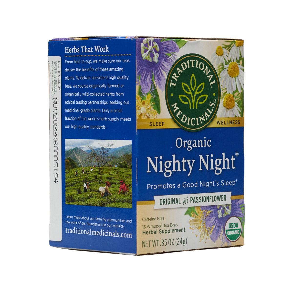 Organic herbal tea bag box showing herbs that work panel and front label
