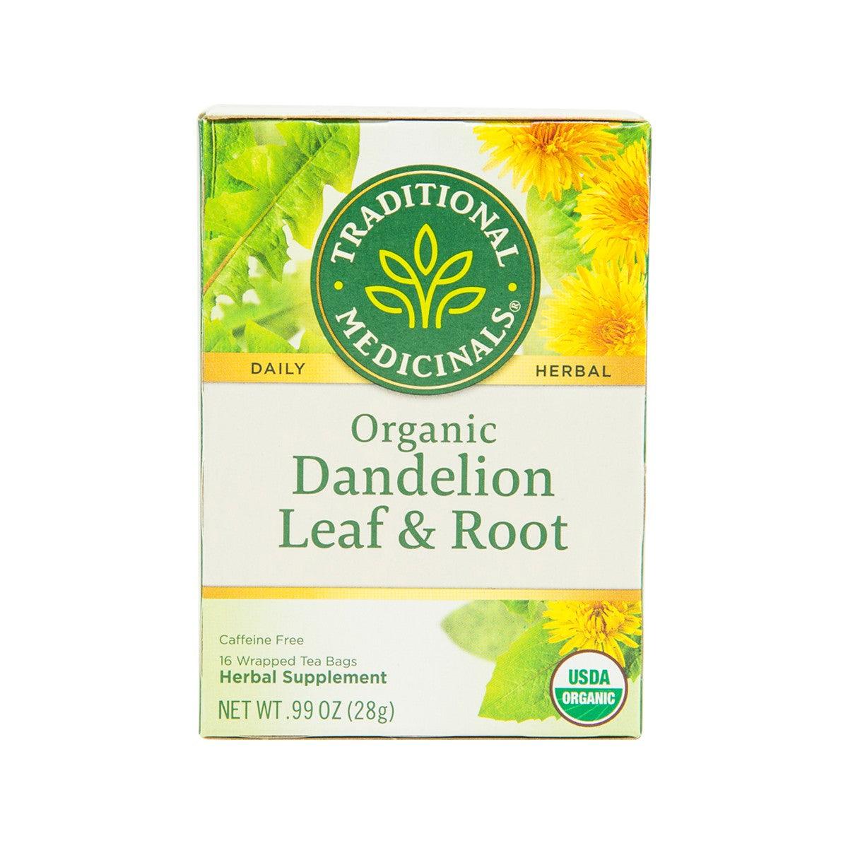 Organic dandelion leaf & root herbal tea bag box, USDA Organic seal