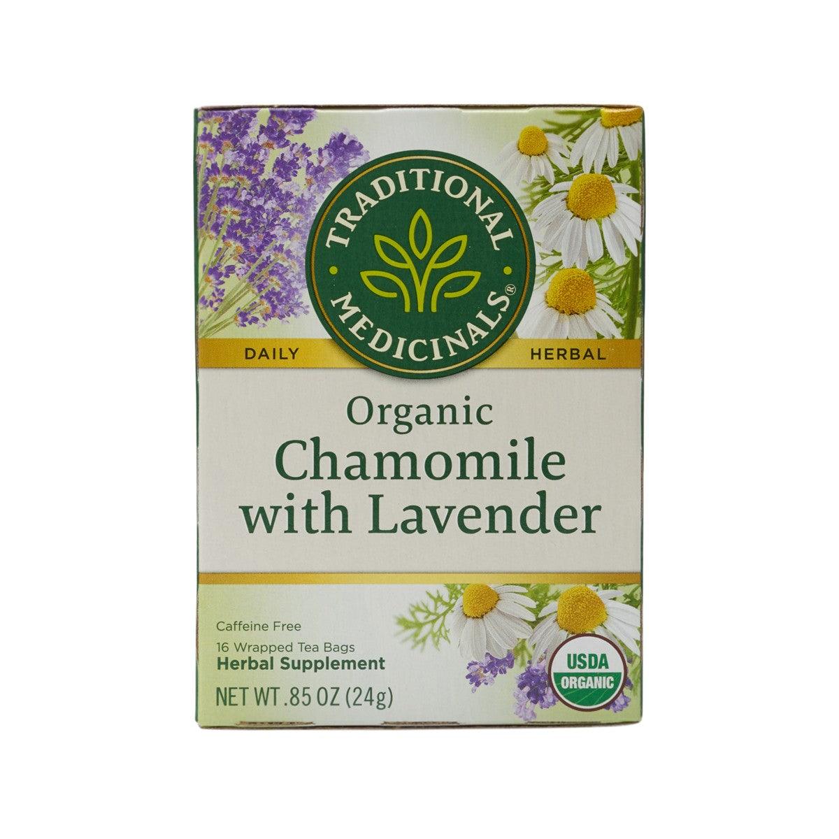 Organic chamomile with lavender tea bags box, caffeine-free, 16 wrapped bags
