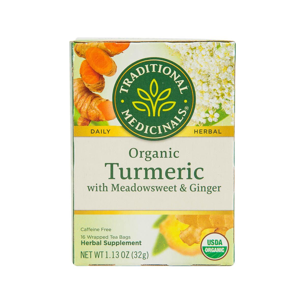 TRADITIONAL MEDICINALS Organic Turmeric tea bag box with Meadowsweet & Ginger, 32 g