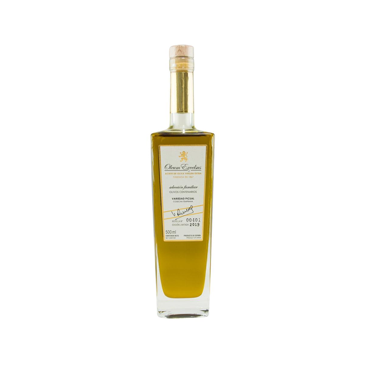 OLEUM EXCELSUS Picual extra virgin olive oil bottle, 500 mL, front view.