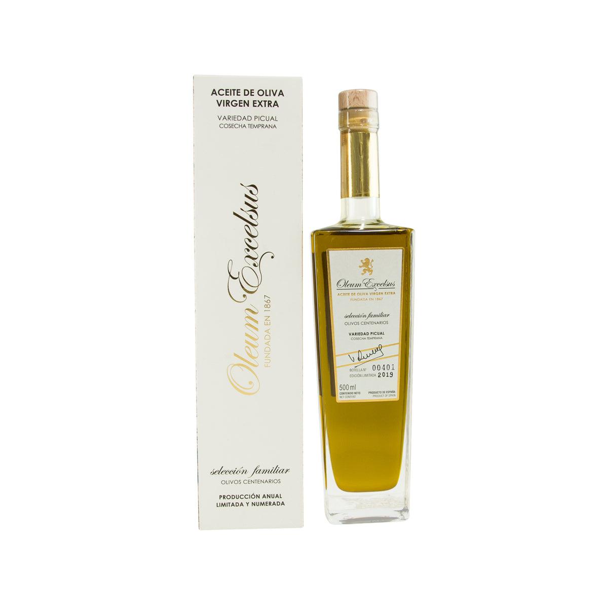 OLEUM EXCELSUS Picual extra virgin olive oil bottle, 500 mL, front label.