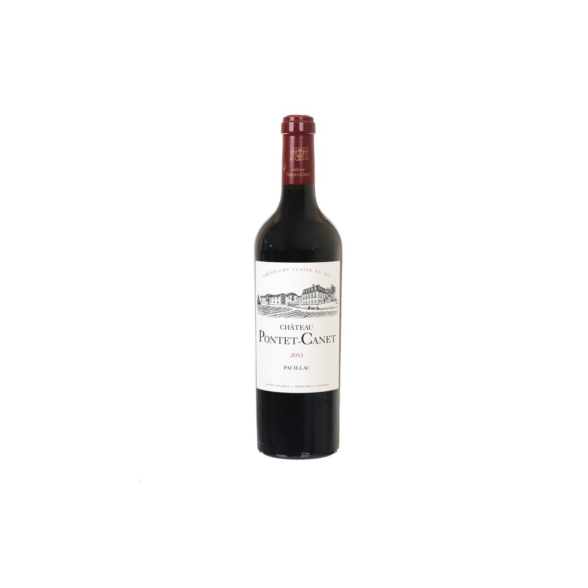 Wine bottle with burgundy foil cap and front label, dark glass, 750 mL