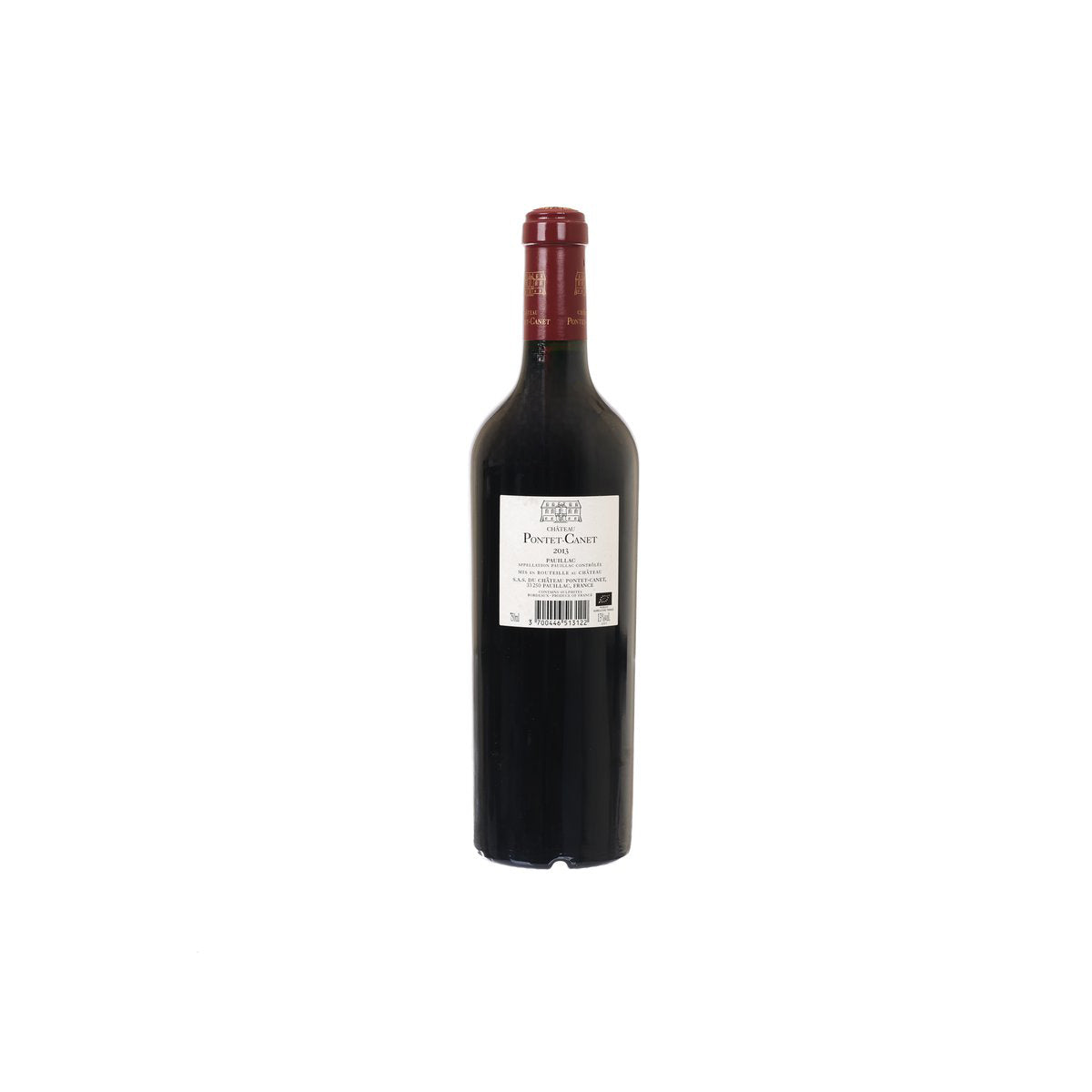 Wine bottle with burgundy foil cap and back label with barcode, dark glass, 750 mL