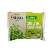 Organic shelled edamame frozen pouch with green bean label, Woodstock brand