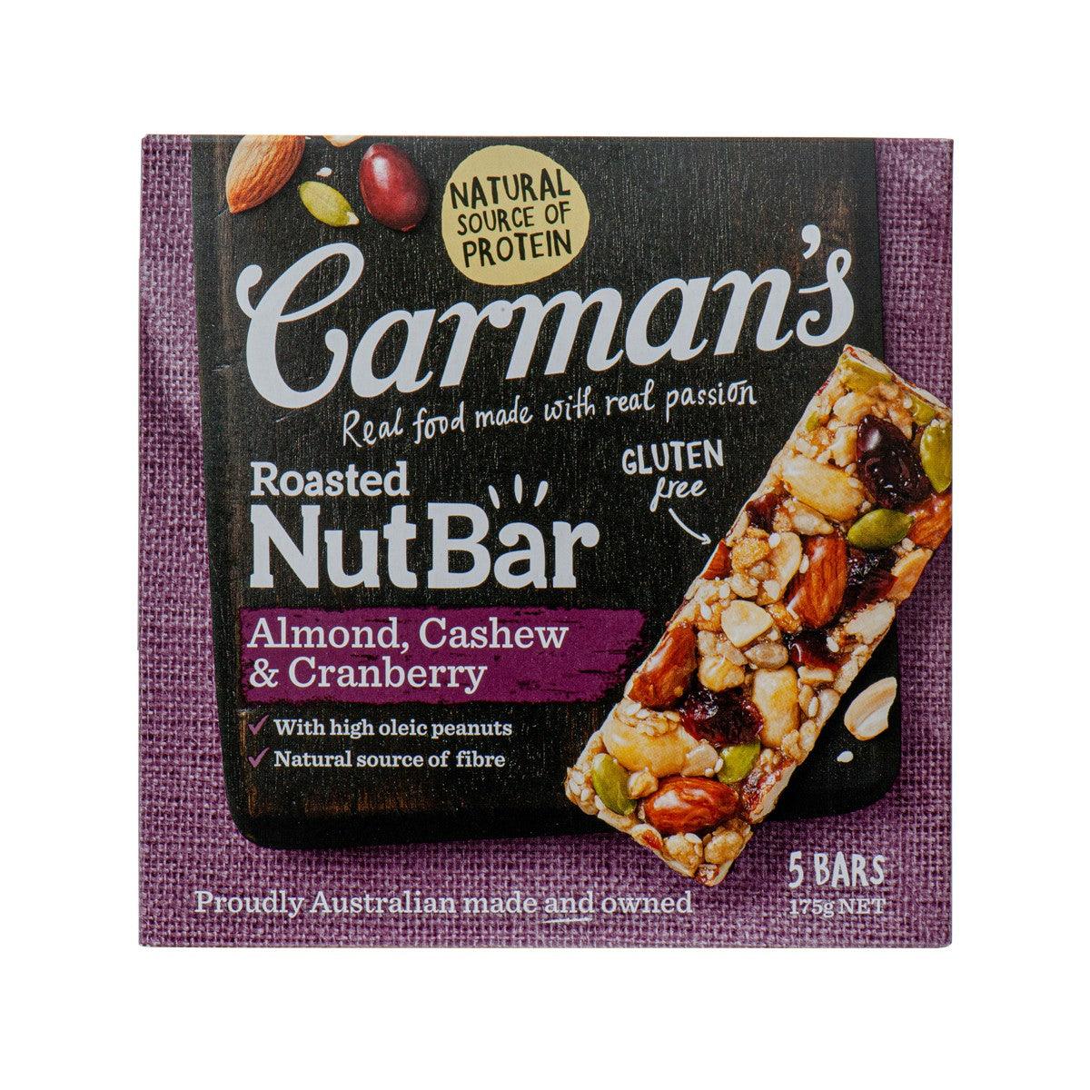 CARMAN'S Roasted NutBar almond, cashew & cranberry nut bar in purple package