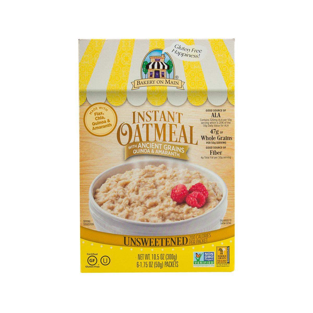 BAKERYONMAIN unsweetened gluten-free instant oatmeal box with oatmeal and raspberry graphic