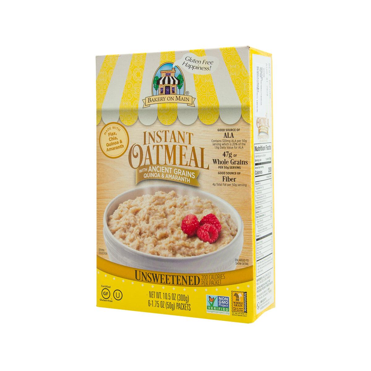 BAKERYONMAIN unsweetened gluten-free instant oatmeal box side view, standing package
