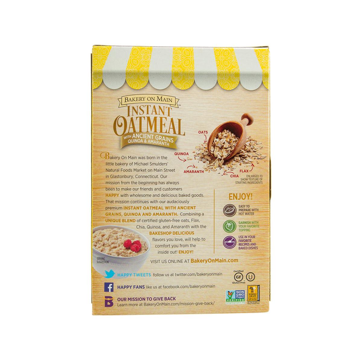 BAKERYONMAIN unsweetened gluten-free instant oatmeal box back with ingredient and nutrition info