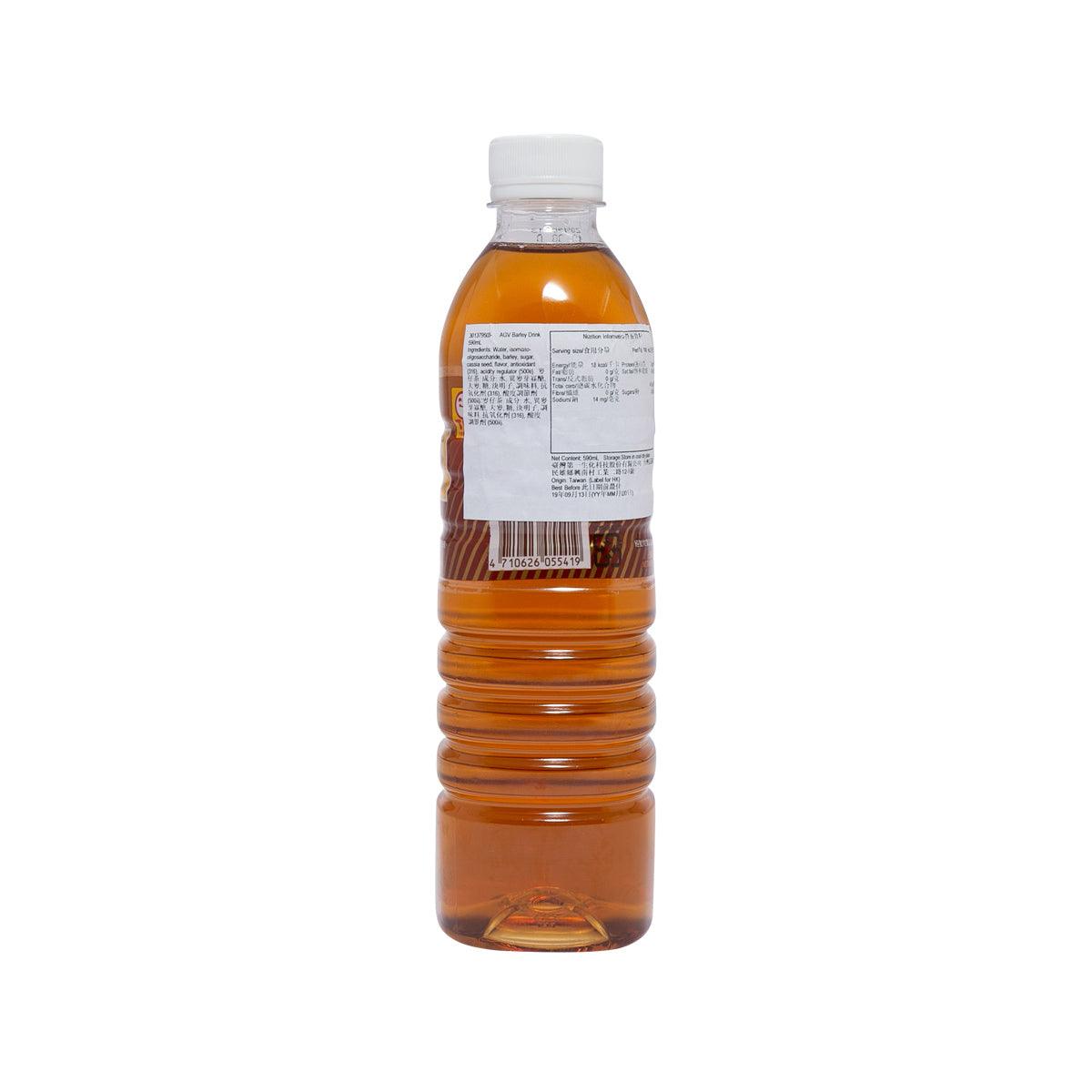 AGV barley drink bottle, amber liquid, back label, 590 mL