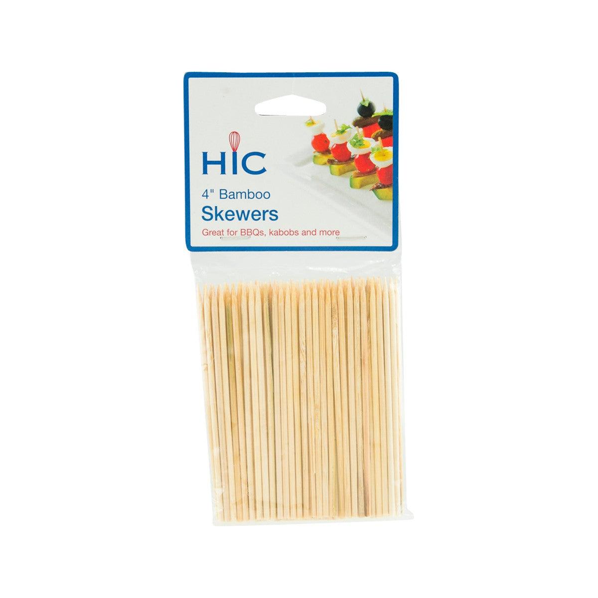 Bamboo skewers set, 4-inch, 100-pack, natural light tan wooden sticks in retail bag