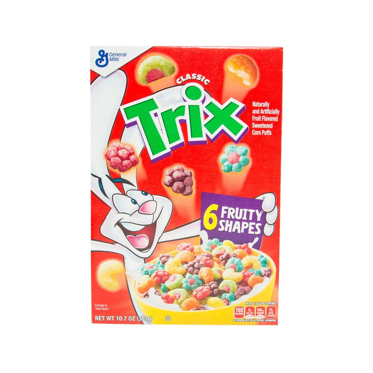 Trix corn puffs cereal box, red Classic 6 fruity shapes, 10.7 oz