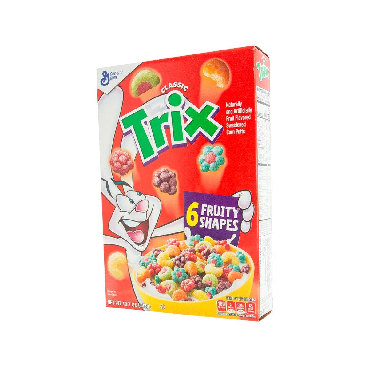 Trix corn puffs cereal box, side view with red and green logo, 6 fruity shapes