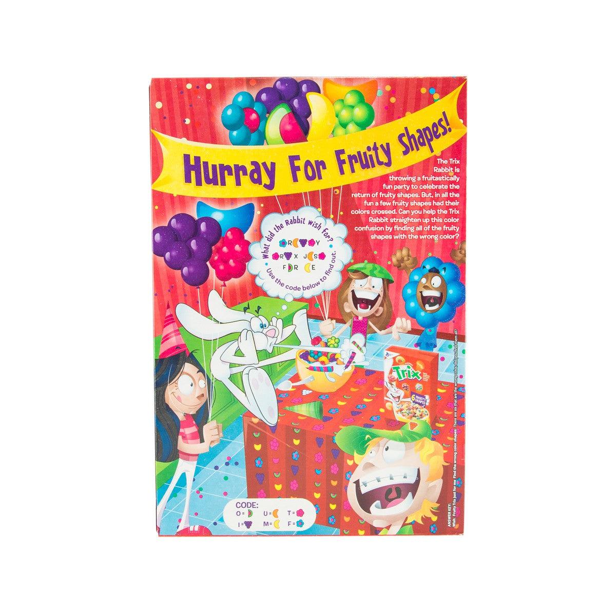 Trix cereal box back panel, "Hurray For Fruity shapes!" and character art