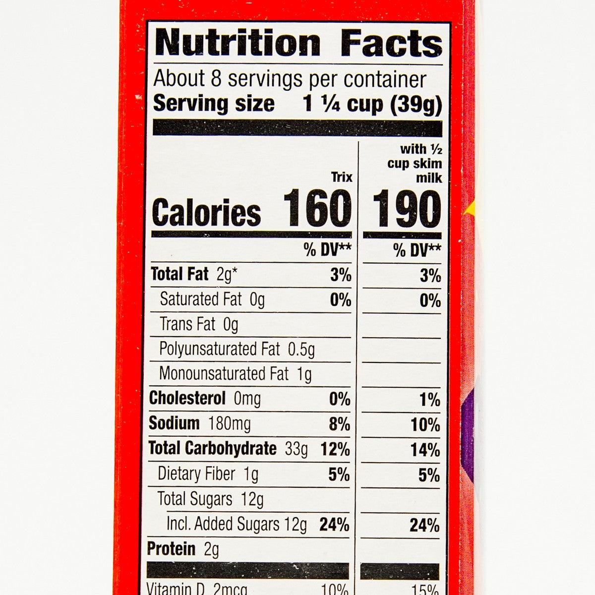 Trix nutrition facts panel, serving size 1 1/4 cup (39g)