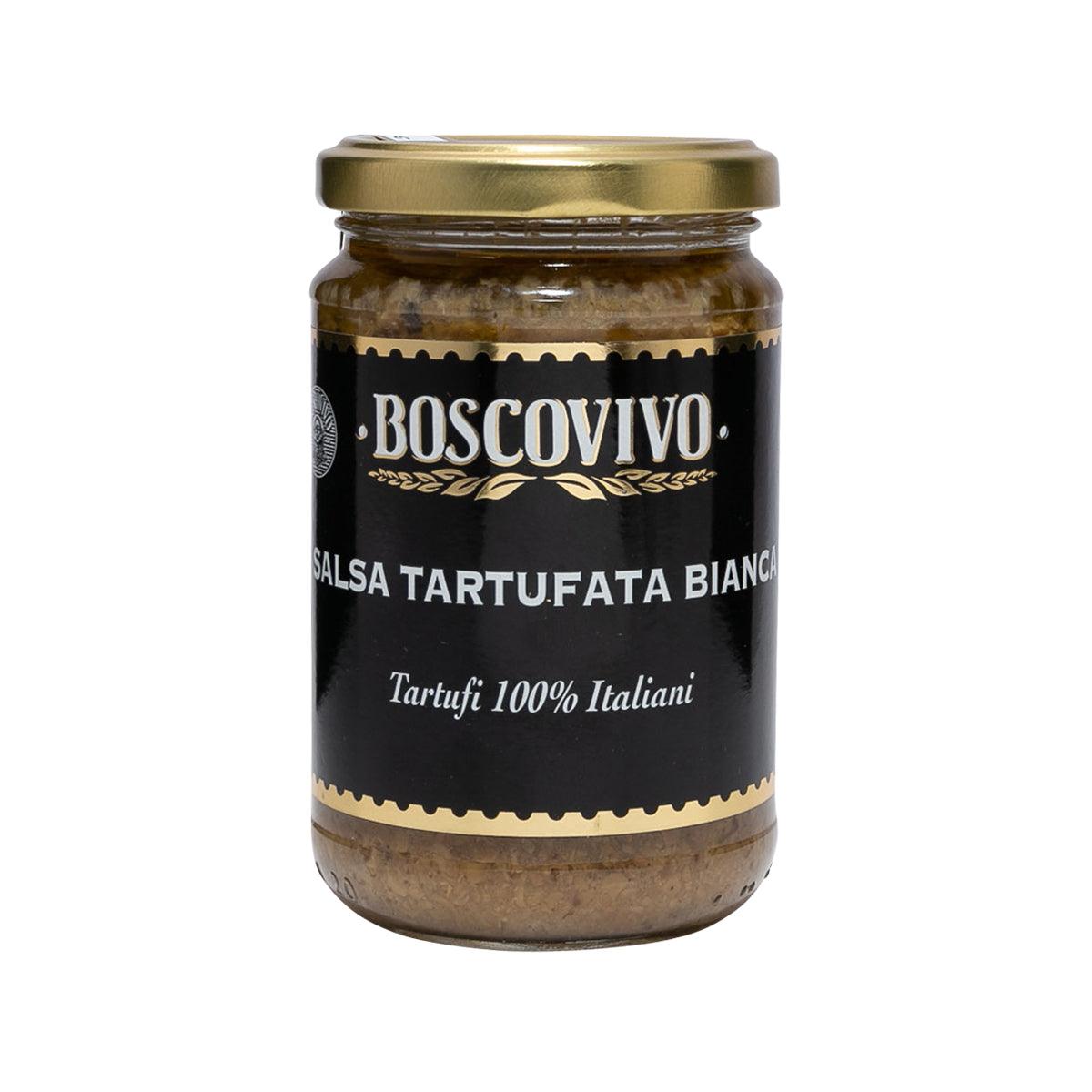 BOSCOVIVO white truffle sauce jar with black label and glass lid