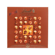 Chocolate assortment box with mini LINDT Cremini nougat pieces, front panel display