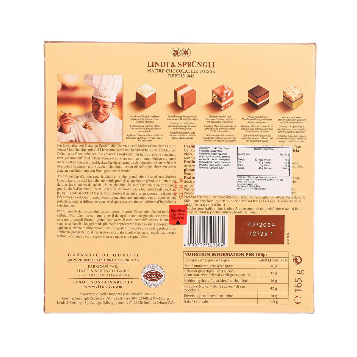 Chocolate assortment box back with nutrition info, barcode, and LINDT Cremini text