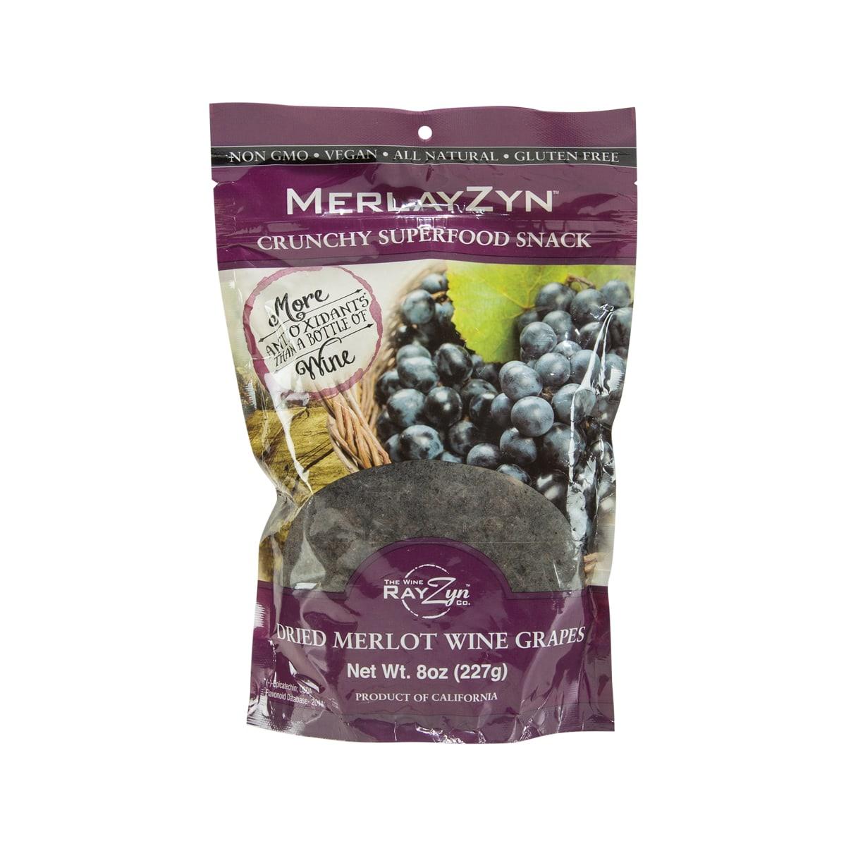 Dried Merlot wine grapes snack pouch, 227 g, with grape illustration