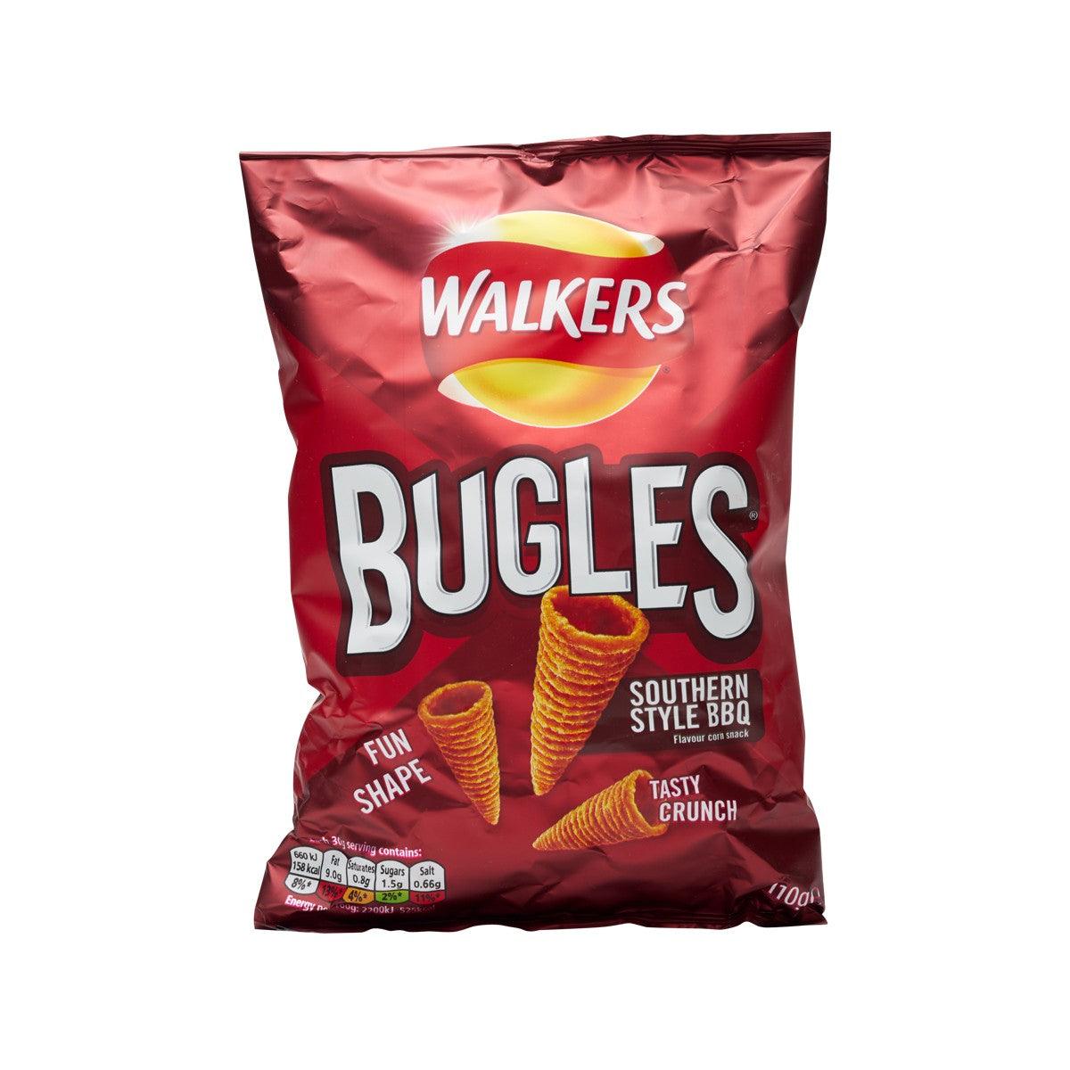 Walkers Bugles Southern Style BBQ corn snack bag, red with Crunch chips illustration