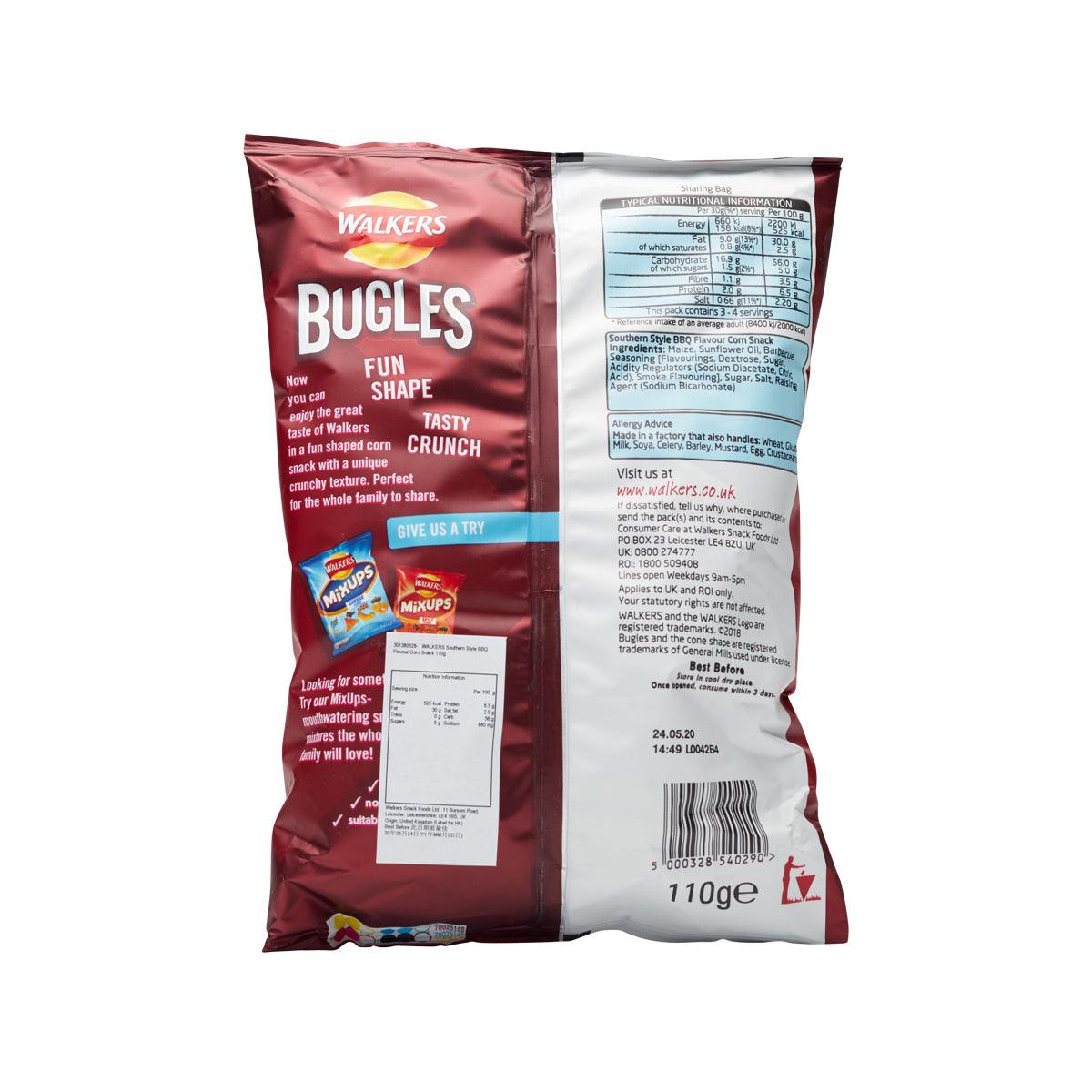 Walkers Bugles Southern Style BBQ corn snack bag, back panel with barcode and nutrition