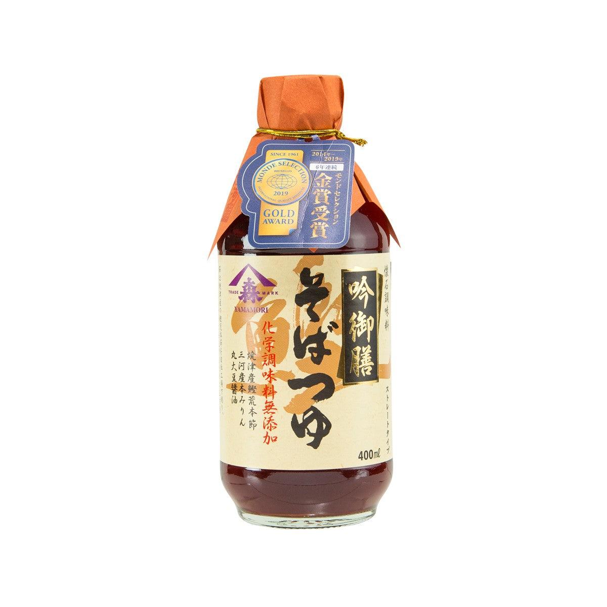 Bottle of soba noodle sauce with orange cap and front label, 400 mL