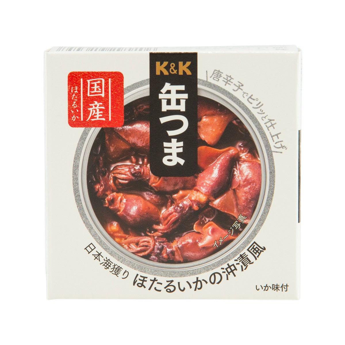 K&K seasoned firefly squid box, 70 g, with squid photo on front