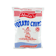 Hula's potato chips bag front, white with red stripes and blue 'Potato Chips' text