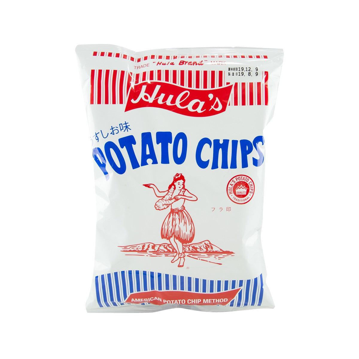 Hula's potato chips bag front, white with red stripes and blue 'Potato Chips' text
