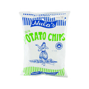 Seaweed salt potato chips bag, front view with blue/green label