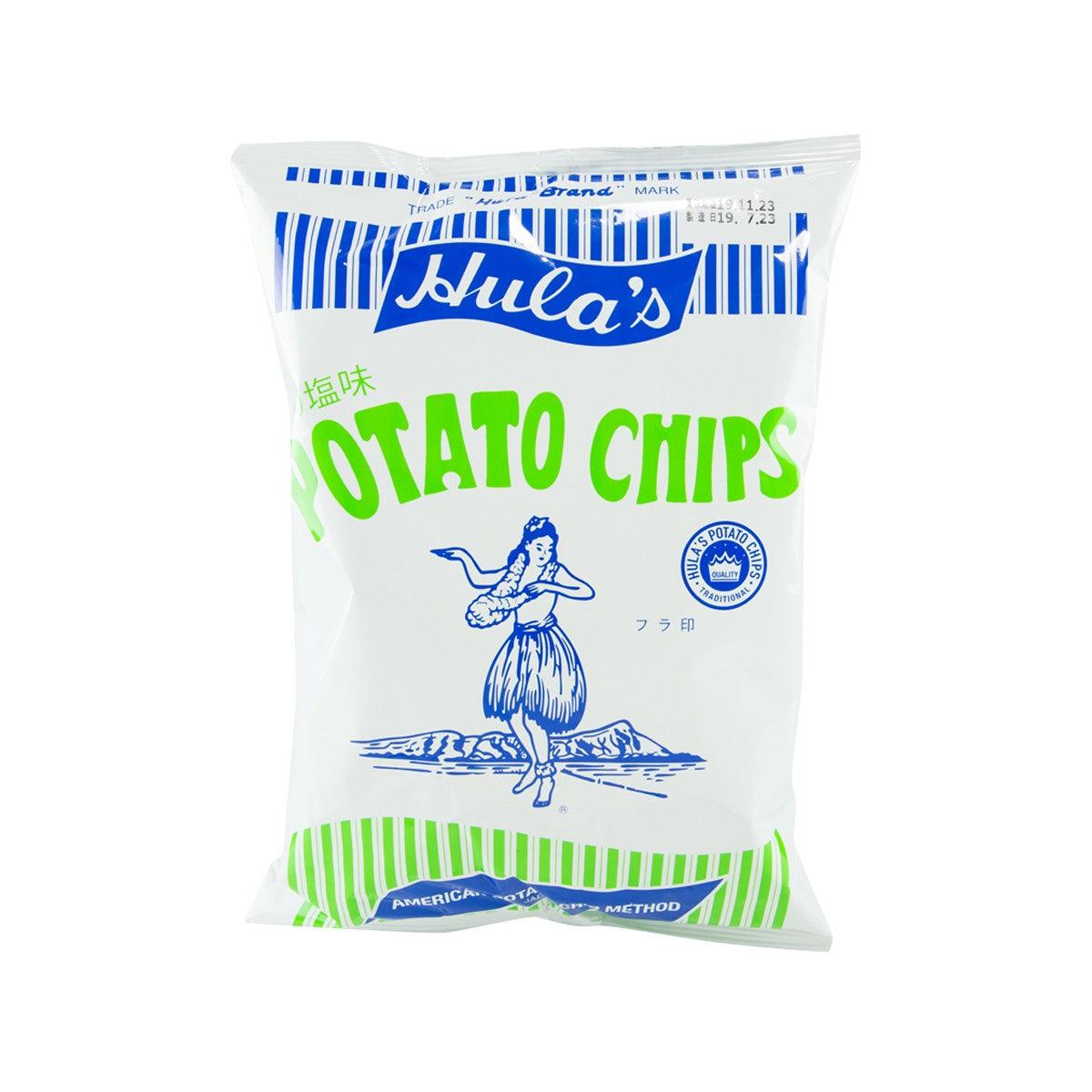 Seaweed salt potato chips bag, front view with blue/green label