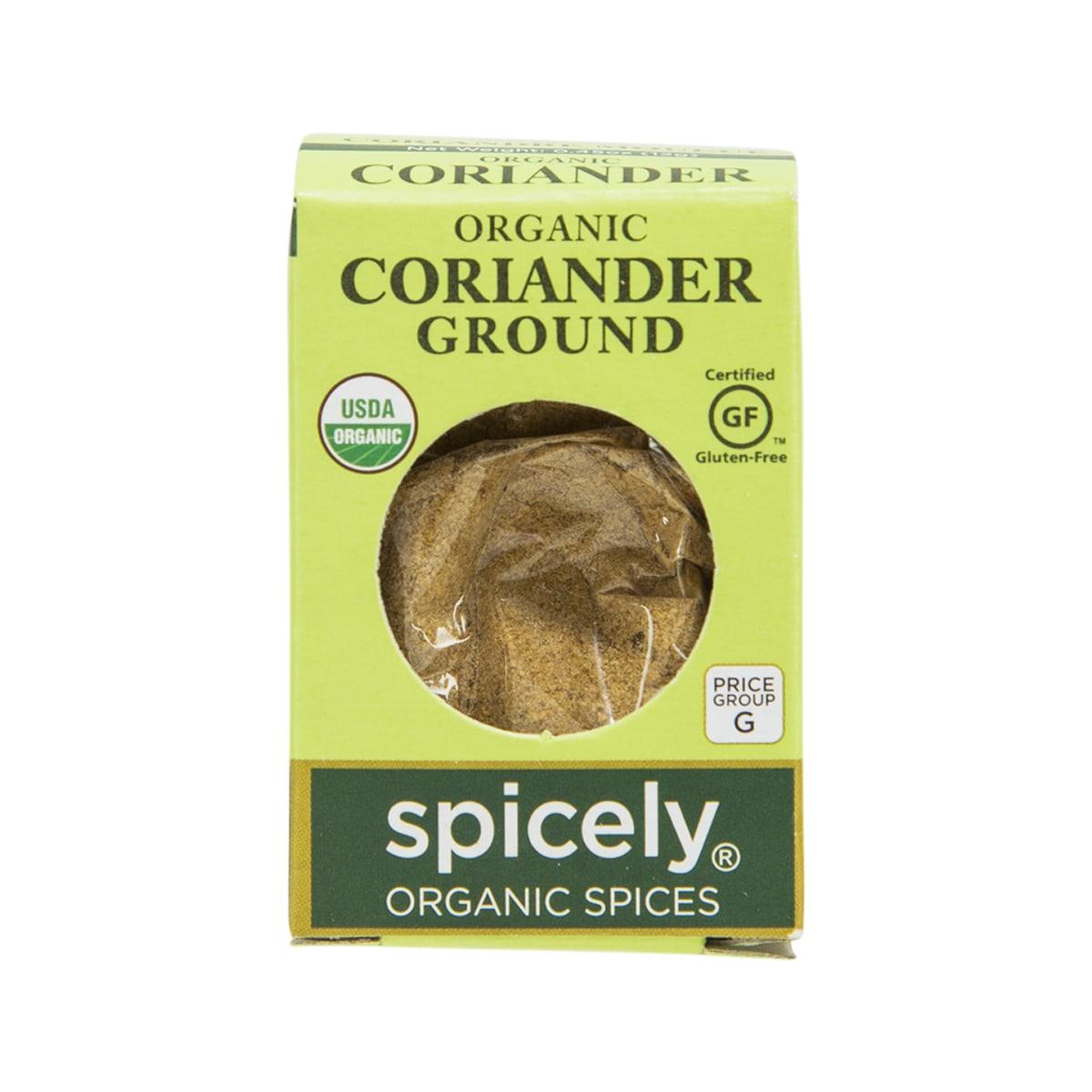 Spicely organic ground coriander carton with front circular window and light green design