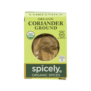 Spicely organic ground coriander carton with front circular window and light green design