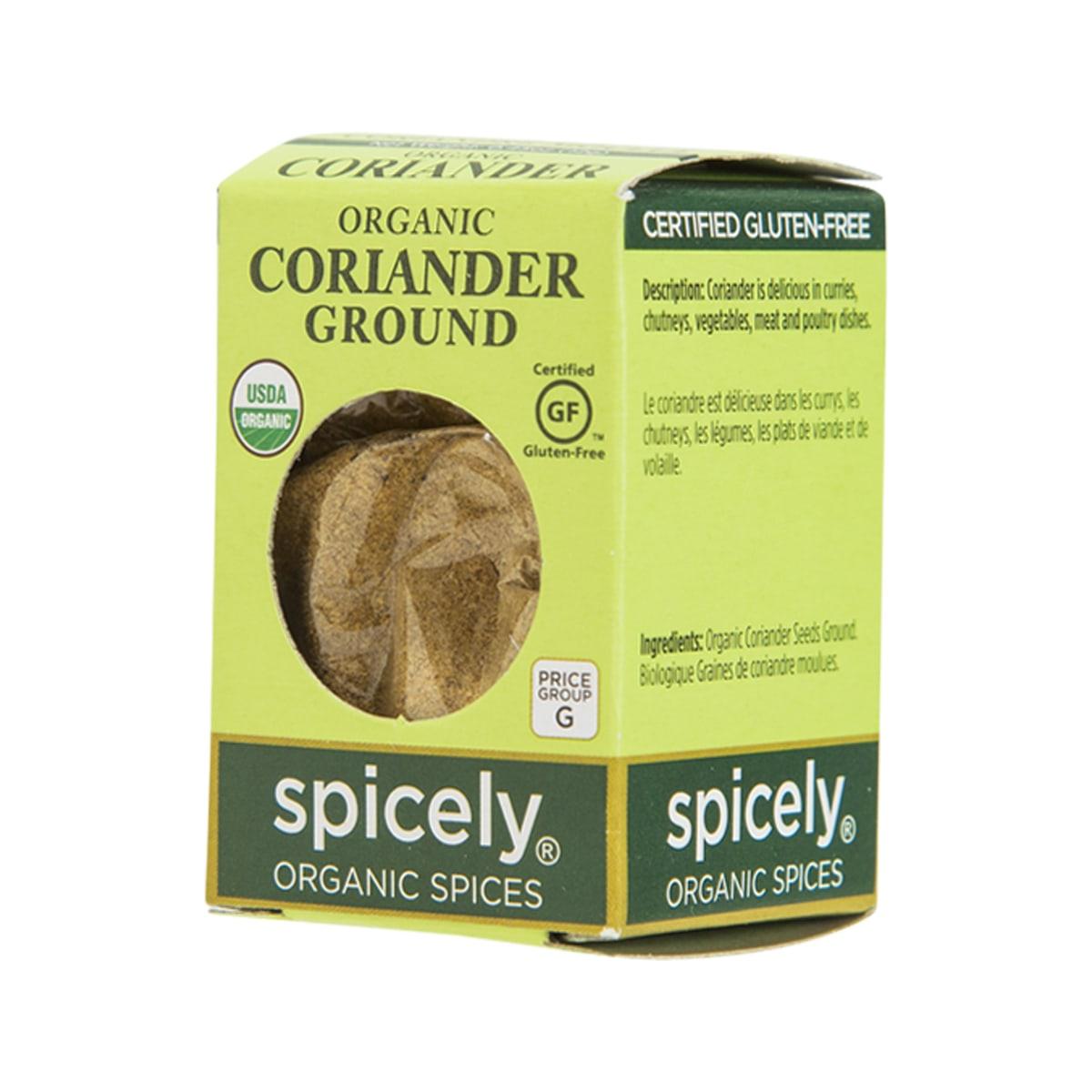 Spicely organic ground coriander carton, side view with gluten-free seal and info panel