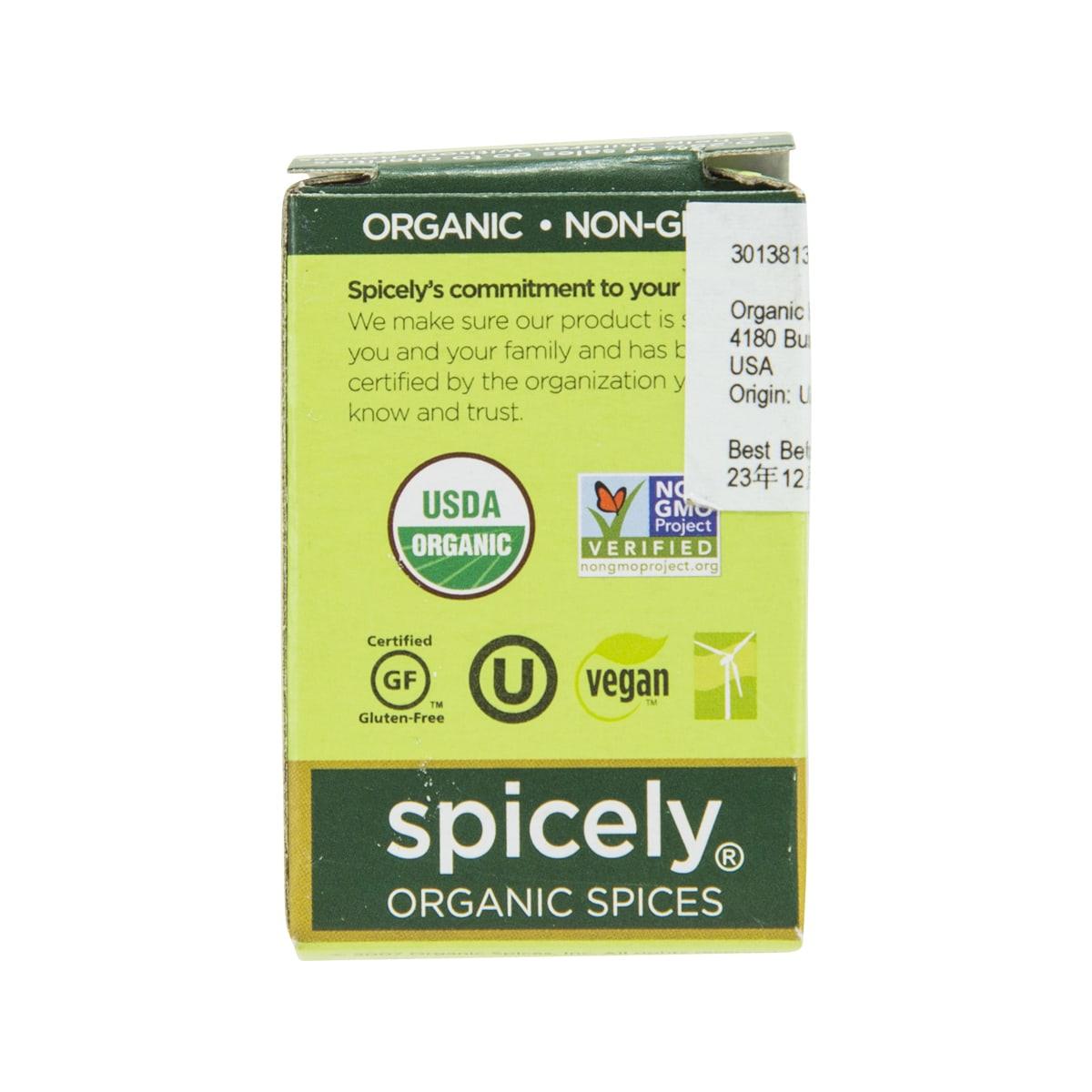 Spicely organic ground coriander carton back with USDA organic, vegan and gluten-free seals