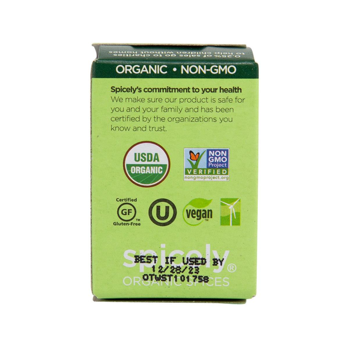 Spicely organic thyme box back panel with USDA organic and vegan icons