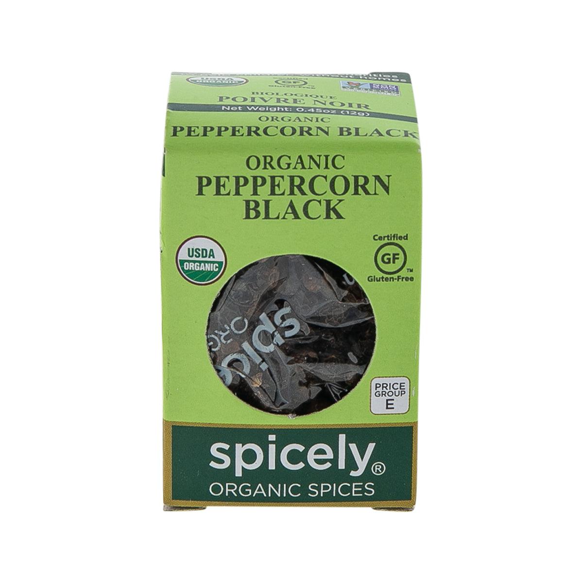 Organic black peppercorns in green Spicely box with circular viewing window
