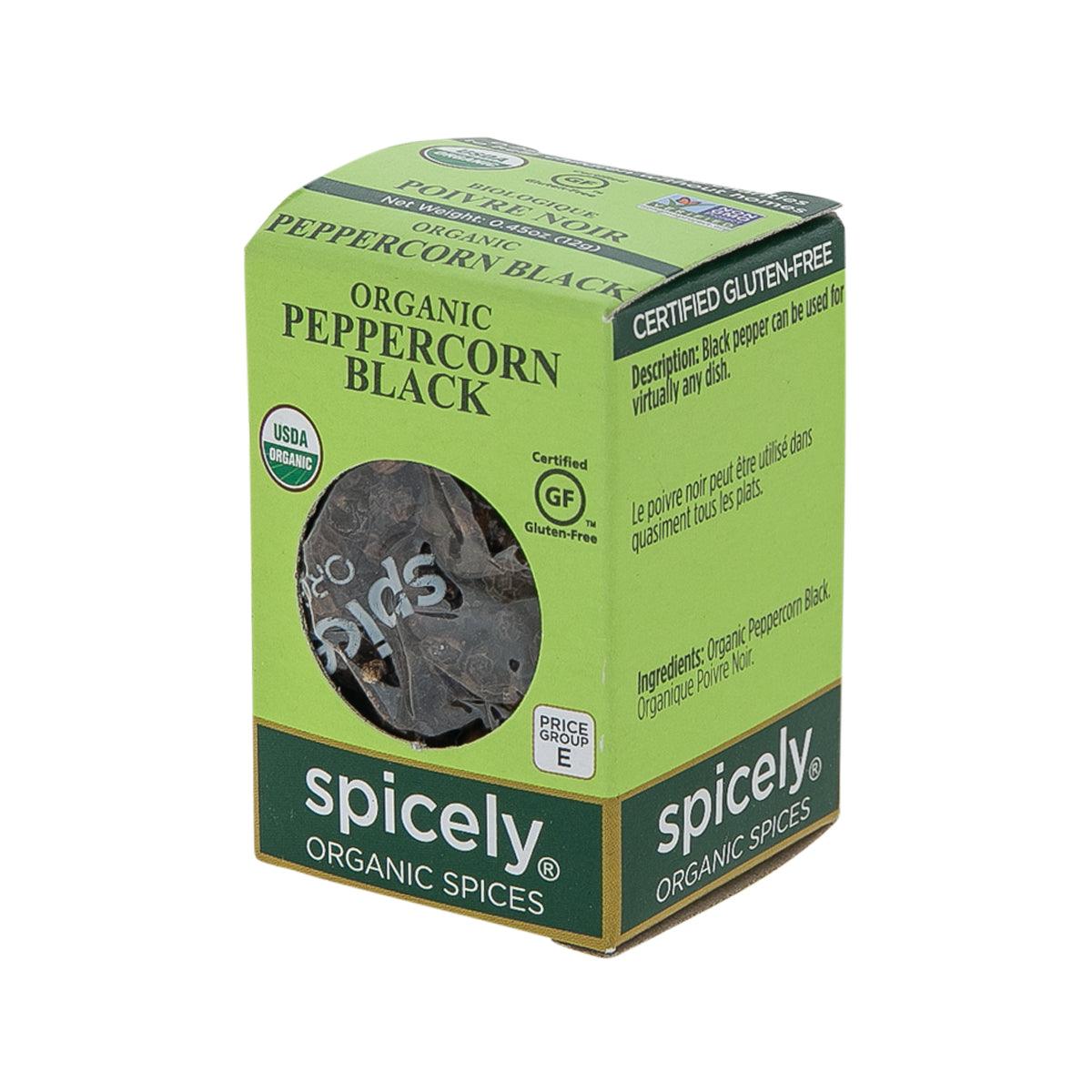 Organic black peppercorns box, green with side text and Spicely branding