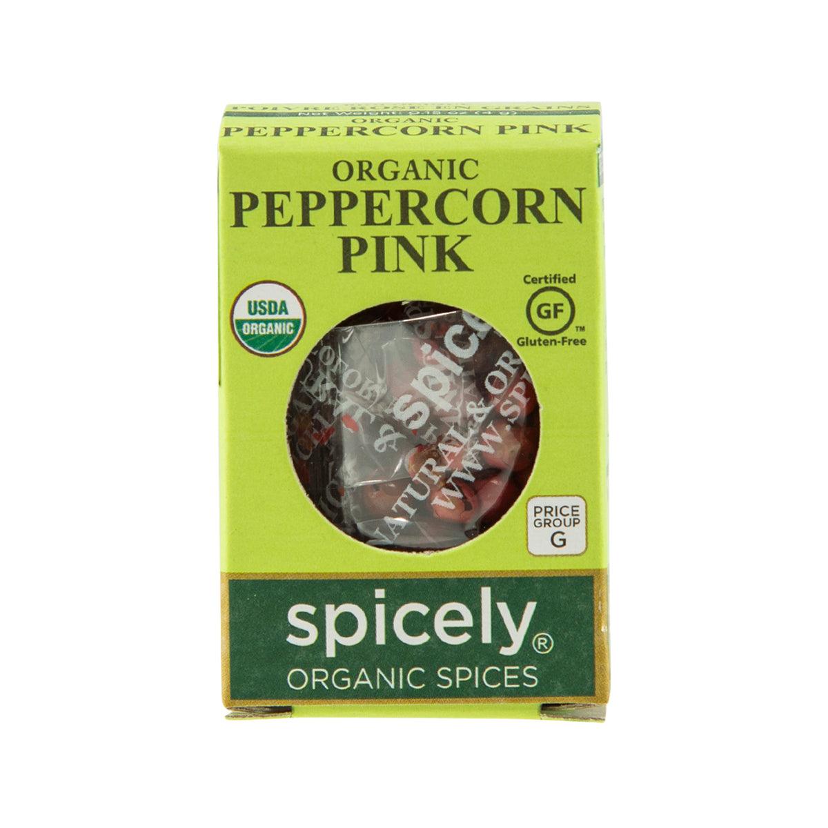 Organic pink peppercorns spice blend box, green packaging with round window