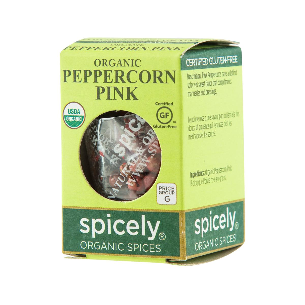 Organic pink peppercorns box with side panel and gluten-free label