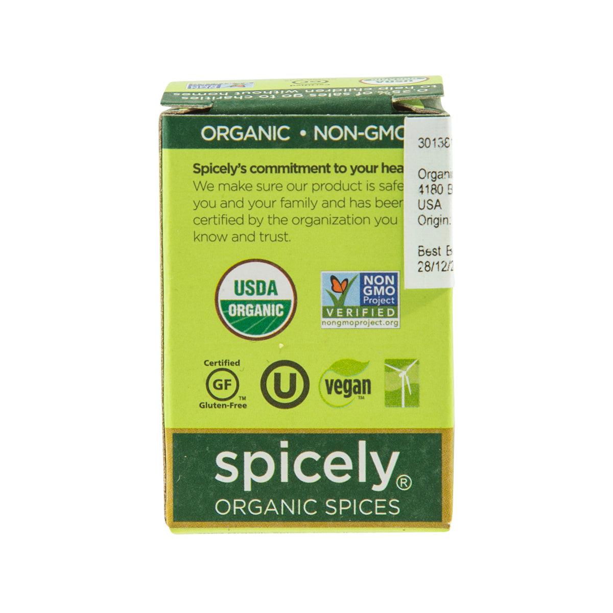 Organic peppercorns box back with USDA Organic, non-GMO, vegan and GF icons