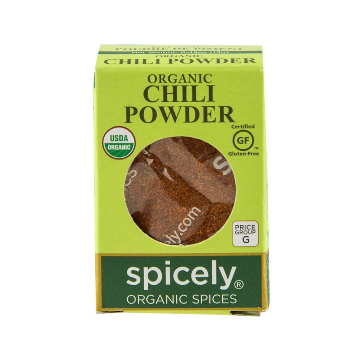 Spicely organic chili powder box, USDA Organic, gluten-free, 12 g